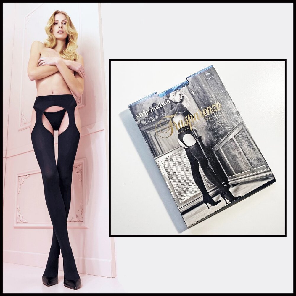 NEW TRASPARENZE "STRIP CORTINA" M/L BLACK GARTER OPAQUE PANTYHOSE / TIGHTS